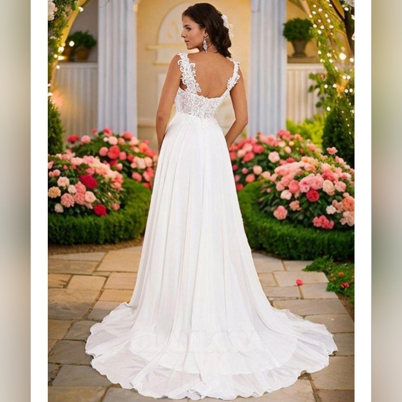 A-line Straps Sleeveless Sweep Train Subtle Chiffon Wedding Dresses - Picture 2 of 4